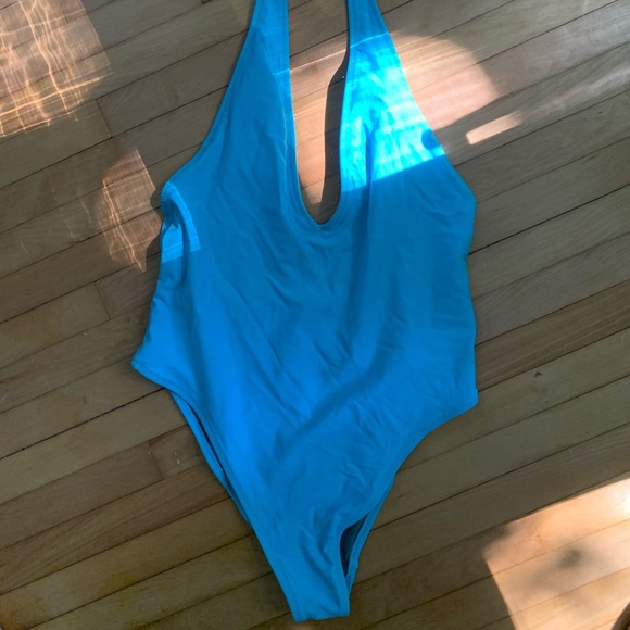 Blue V Neck Tie One Piece Bathing Suit - Picture 1 of 2